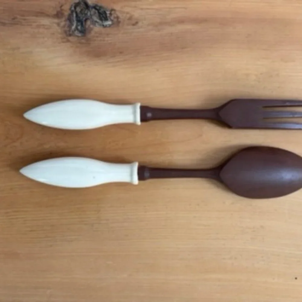 Vintage SOUVENIR Of FLORIDA Wood & Porcelain SALAD Servers FORK & SPOON